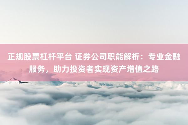 正规股票杠杆平台 证券公司职能解析:专业金融服务,助力投资者实现资产增值之路