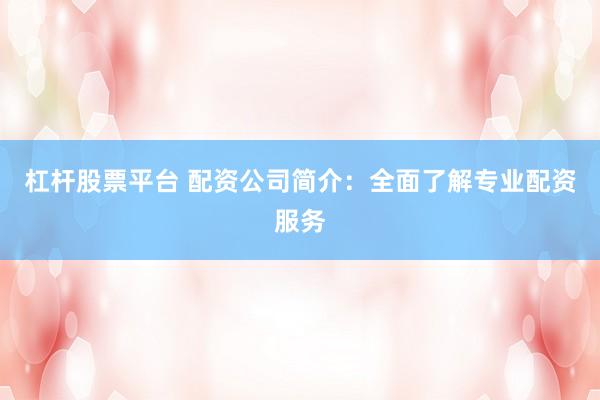 杠杆股票平台 配资公司简介：全面了解专业配资服务